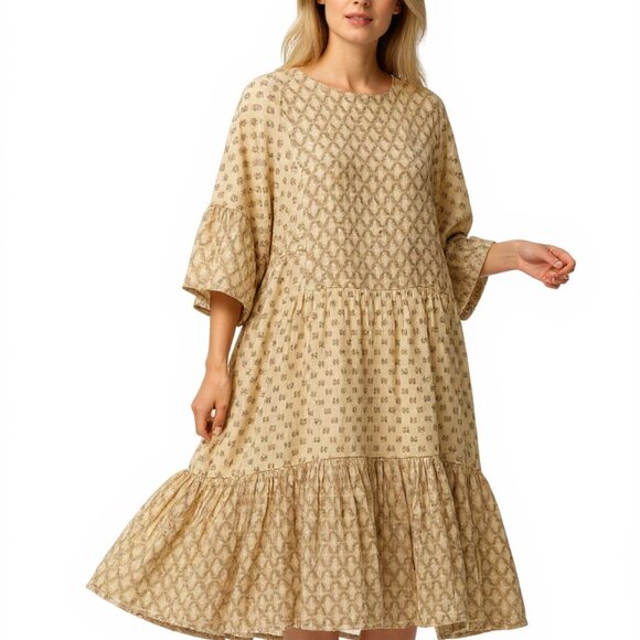CLOSED Flowy Boho Tiered Midi Dress Neutral Print Bell Sleeves Small Relaxed - Picture 1 of 13